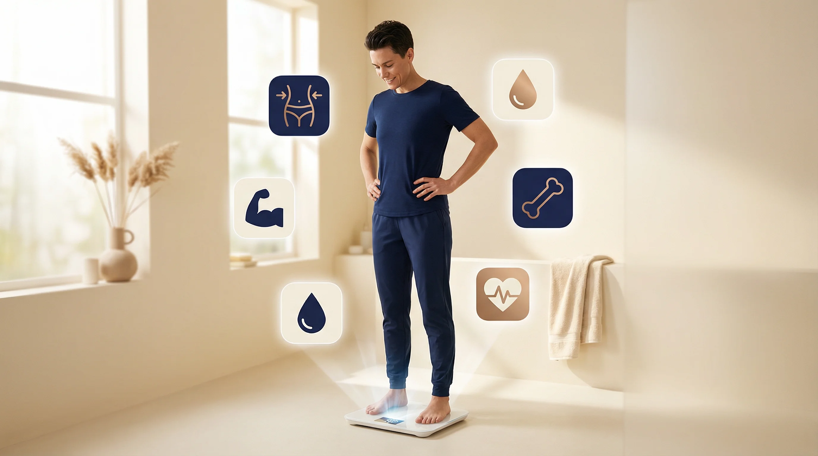 Body composition metrics explained — person standing on a smart scale with floating icons for body fat percentage, visceral fat, muscle mass, body water, and bone mass readings.