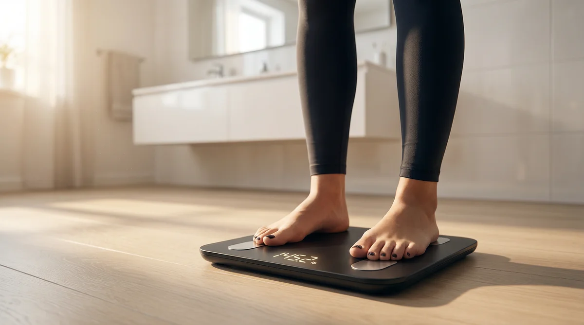 Bare feet standing on a modern smart body composition scale in a clean, minimalist bathroom with warm natural light.