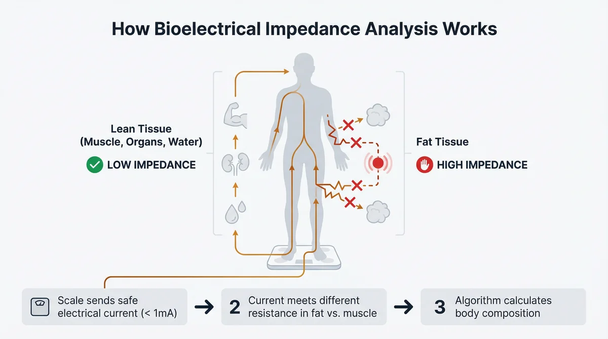 Infographic explaining the BIA process: a safe electrical current passes through the body, encountering different levels of resistance from fat and muscle tissue.