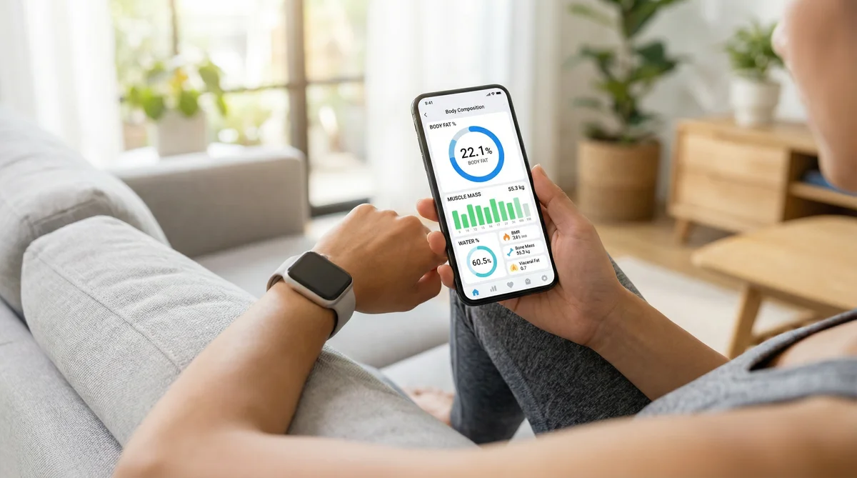 Person checking body composition metrics on a smartphone health app, showing body fat percentage, muscle mass, and water percentage.