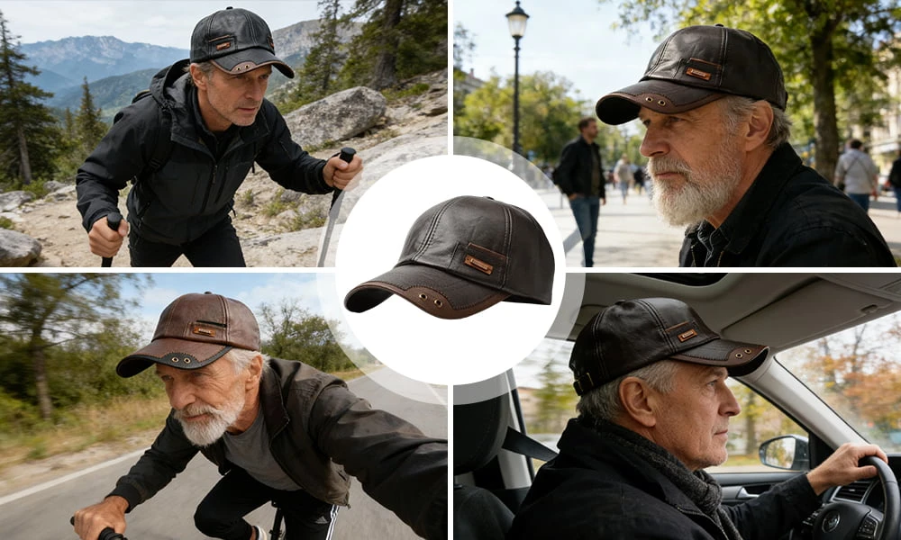 WarmGuard Cap windproof leather exterior close-up showing grain texture and stitching detail