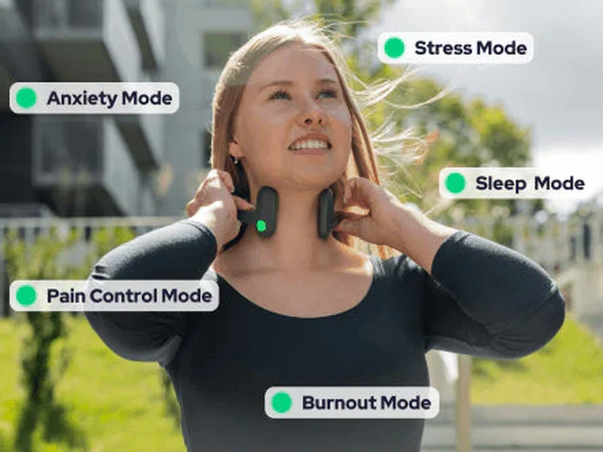 Person wearing a neck-mounted wearable outdoors with mode labels overlaid on the image